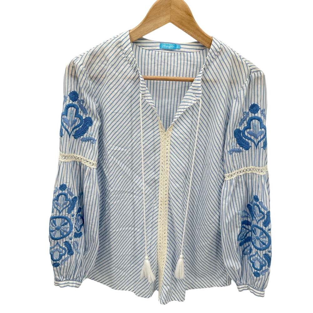 J. MCLAUGHLIN Embroidered Striped Cotton Linen Long Sleeve Blouse // S